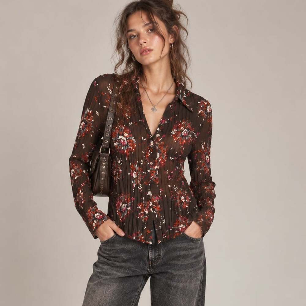 Vintage 90s Cottage Boho Floral Pleated Shirt Small Dark Fairy Tee Grunge Artsy